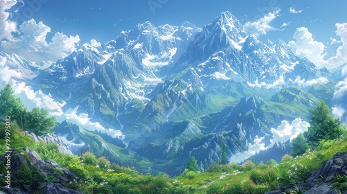 Anime mountain views, landscapes cartoon