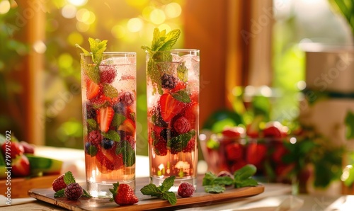 Delicious fruit cocktails in tall glasses with mixed berries and mint leaves