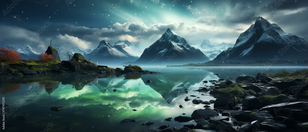 b'Aurora borealis over a mountain lake in Norway'