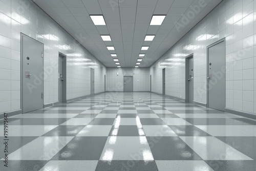 b Institutional hallway with gray and white checkered floor tiles 