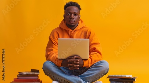 Man with Laptop on Yellow Background photo