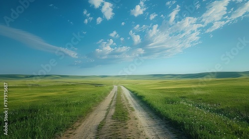 b Country road through a lush green field 