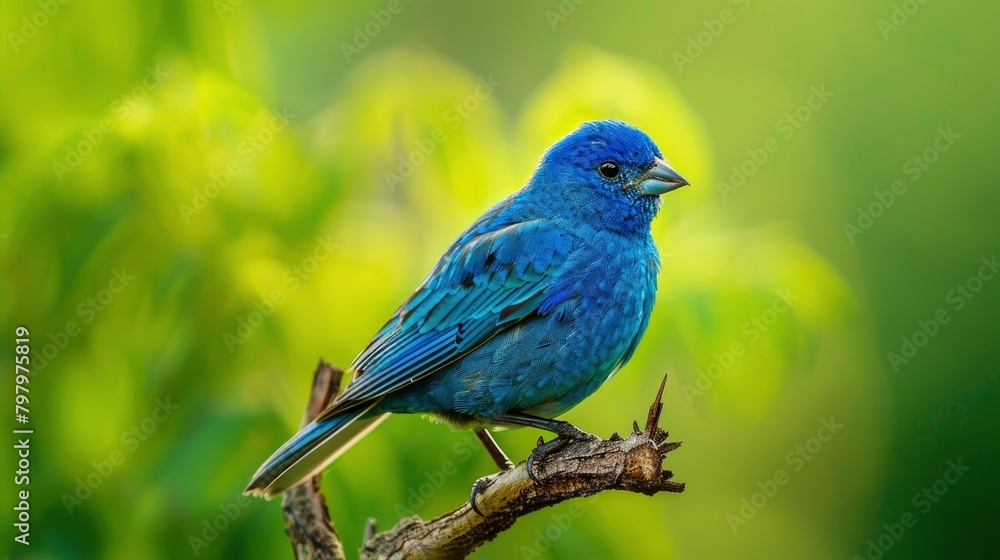 An indigo bunting perched on a branch against a green background in a professional photography style using natural light in a high quality photo