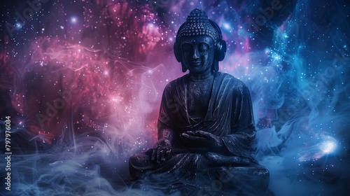 An intriguing image showcasing a Buddha statue immersed in meditation while wearing headphones