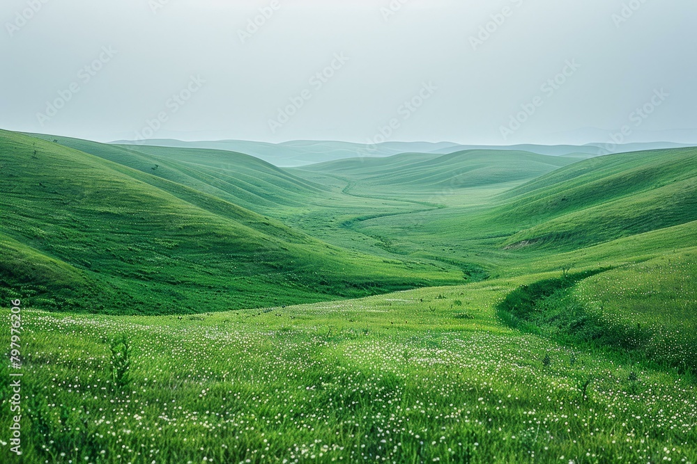 b'Green rolling hills of a valley with white flowers'