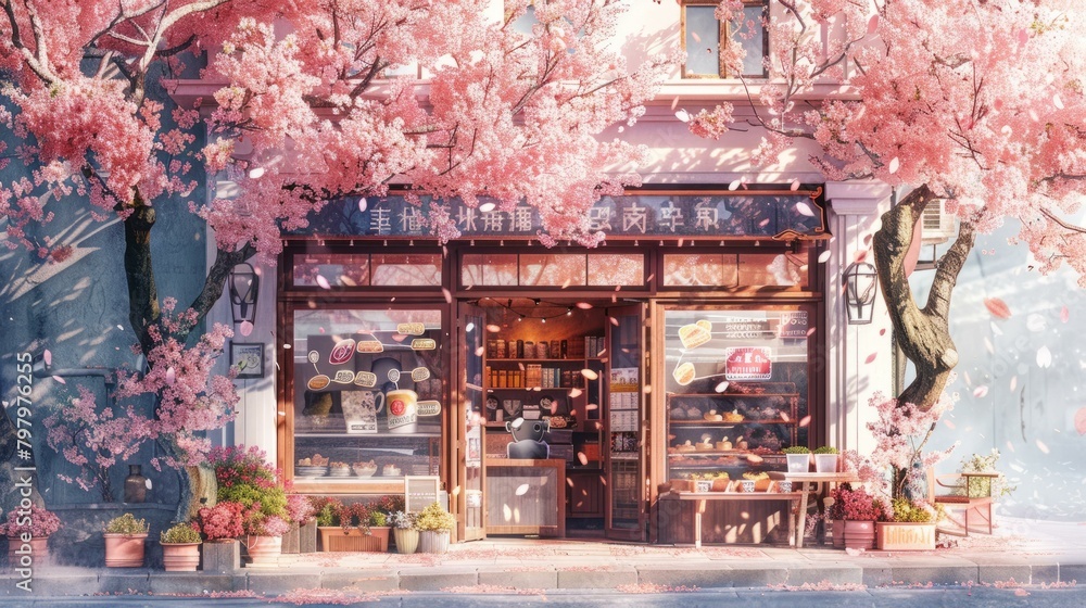 b'The pink-themed bakery is decorated with cherry blossoms'