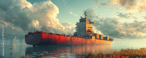 Red cargo ship at sunset with dramatic sky