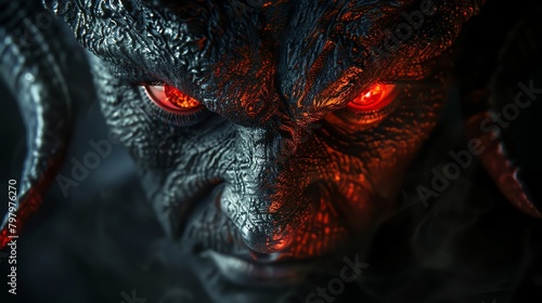 A closeup of a demon's face. The demon has red eyes, sharp teeth, and a menacing expression.