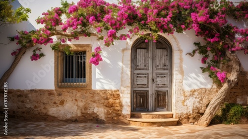 b Pink flowers growing over a rustic wooden door 