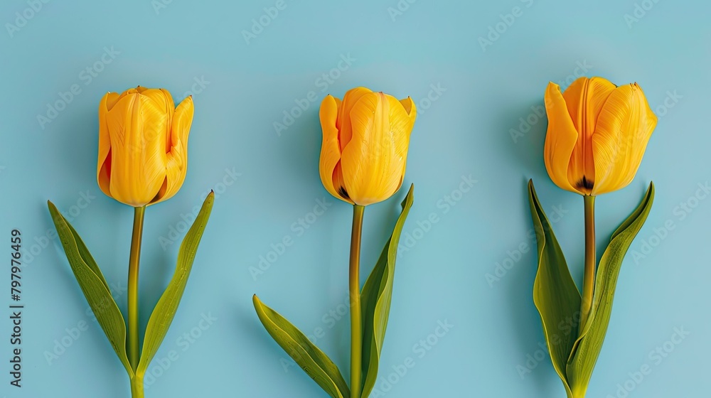 Obraz premium A vibrant spring greeting card featuring three cheerful yellow tulips set against a serene blue backdrop perfect for celebrating Valentine s Day Mother s Day or Easter The top down view cap