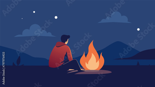 A solitary figure sitting in quiet contemplation by a flickering freedom bonfire reflecting on the significance of the holiday.. Vector illustration