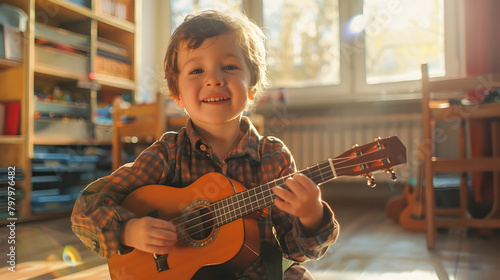 A Boy Playing Ukulele in Indoor Settings