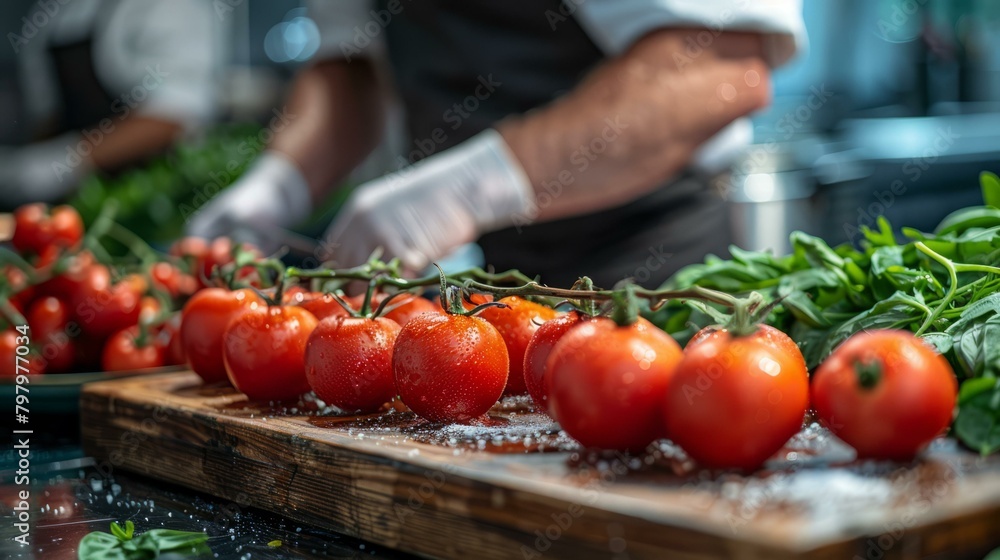 b'Chef in white gloves cuts vine tomatoes on a wooden board' b'Chef in white gloves cuts vine tomatoes on a wooden board'