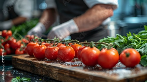 b'Chef in white gloves cuts vine tomatoes on a wooden board'