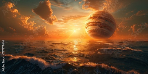 b'An Ocean Sunset with Jupiter in the Sky'
