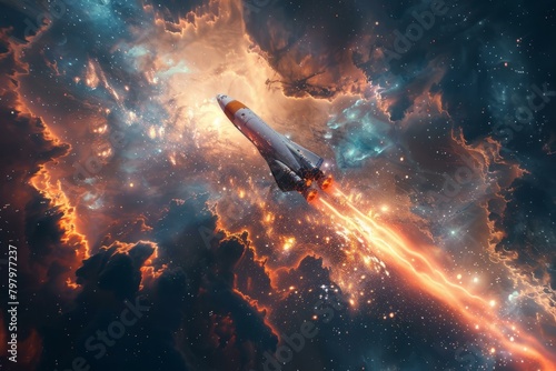 b'spaceship traveling through colorful nebula in outer space'