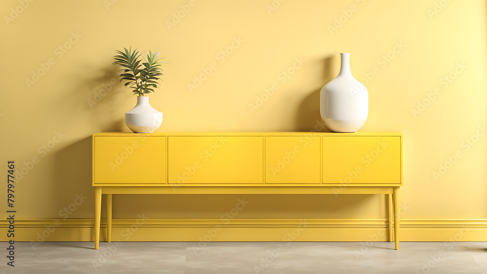 A yellow table with a white vase on top of it A yellow table with a white vase on top of it