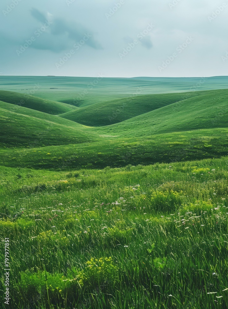 b'Picturesque green rolling hills under cloudy sky'