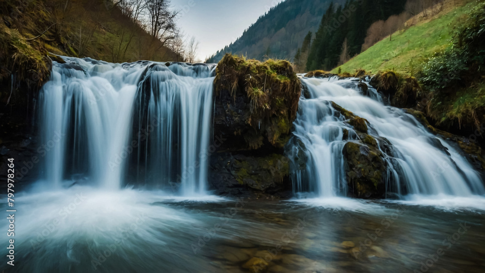 Landscape with river and forest with green trees. Silky crystal water and long exposure. Ordesa Pyrenees.
