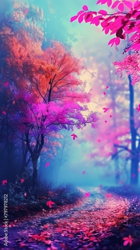 b'Fantasy landscape with pink trees and blue sky' © Adobe Contributor