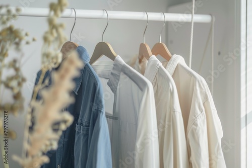 Freshly dry-cleaned clothes hanging in wardrobe to organize and keep neat and tidy photo