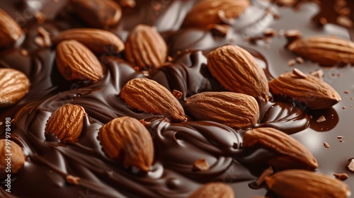 liquid chocolate on nuts. chocolate flow covers almonds on a brown background. brown topping on whole nuts. cooking dessert close-up.