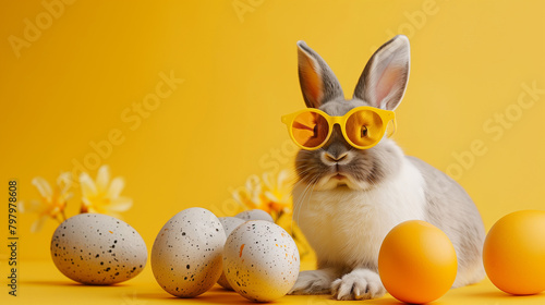
Frohe Ostern Konzept Feiertag Grußkarte - Cooler Osterhase mit Sonnenbrille lehnt sich an ein großes bemaltes gelbes Osterei mit deutschem Text auf Tisch See Less photo