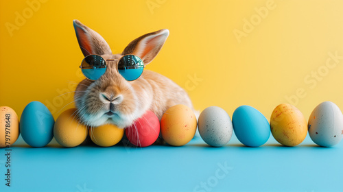 
Frohe Ostern Konzept Feiertag Grußkarte - Cooler Osterhase mit Sonnenbrille lehnt sich an ein großes bemaltes gelbes Osterei mit deutschem Text auf Tisch See Less photo