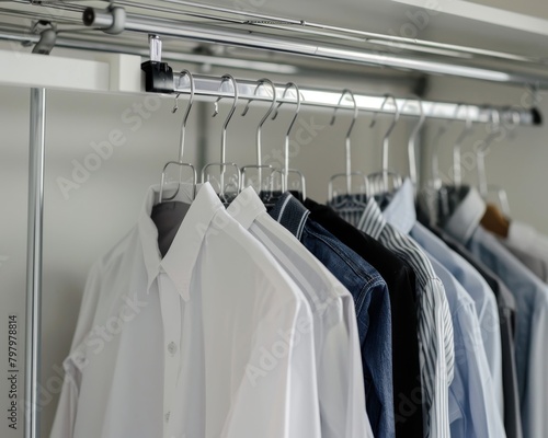 Clean clothes hanging on dry-cleaning rack indoors, neat and ready to wear, white background