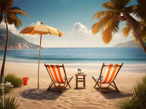 Summer time fun concept design. Creative background of landscape, panorama of sea and beach. Summer sale