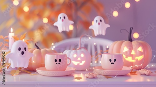 Halloween Celebration with Cute Ghosts and Pumpkins 