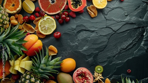 Beautiful mixture of dried fruits on a dark stone background. Food advertising. Banner, menu.