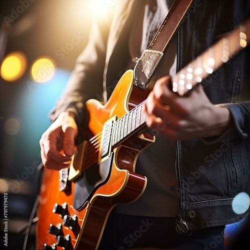 b'Close-up of a person playing an electric guitar' photo