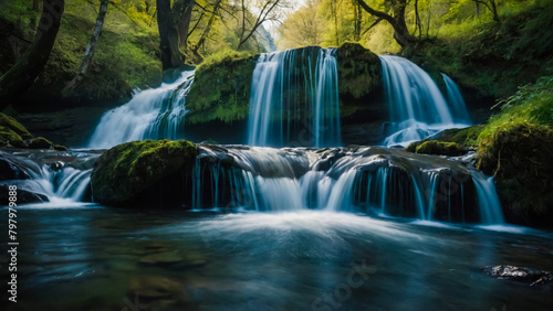 Landscape with river and forest with green trees. Silky crystal water and long exposure. Ordesa Pyrenees. 