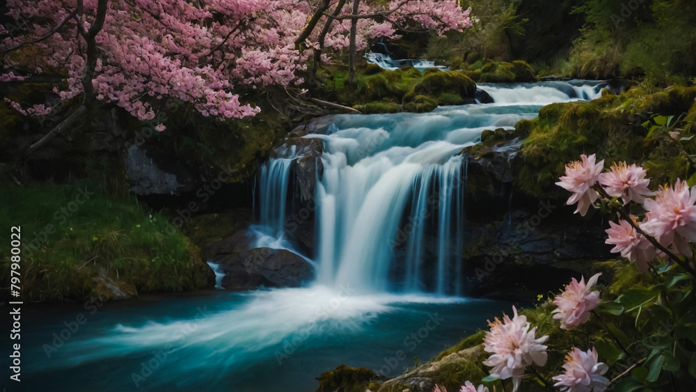 Fototapeta premium Landscape with river and forest with green trees. Silky crystal water and long exposure. Ordesa Pyrenees. 