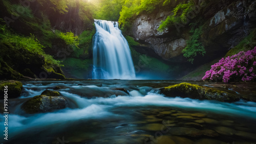 Landscape with river and forest with green trees. Silky crystal water and long exposure. Ordesa Pyrenees. 