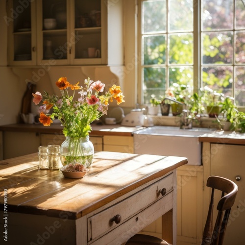 b'A Still Life of Flowers in a Glass Vase on a Wooden Table in a Traditional Kitchen'