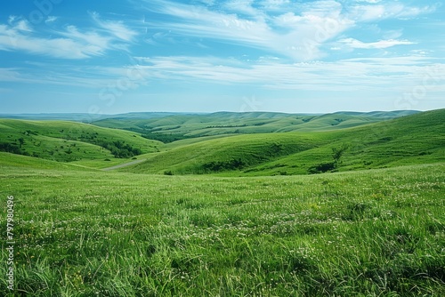 b Green rolling hills under blue sky with white clouds 