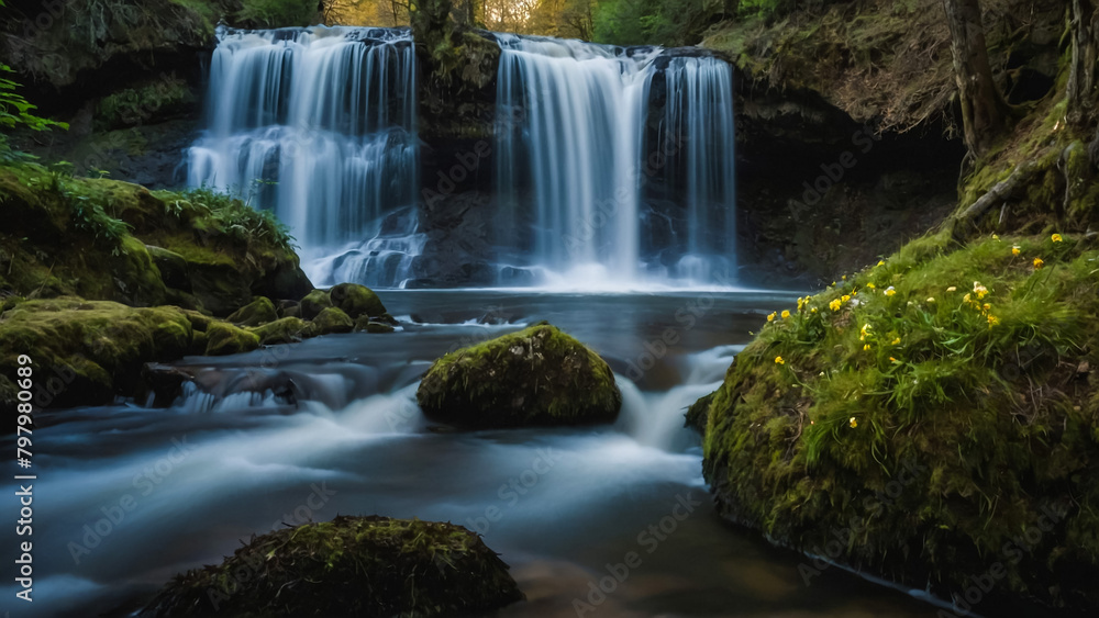 Landscape with river and forest with green trees. Silky crystal water and long exposure. Ordesa Pyrenees.
