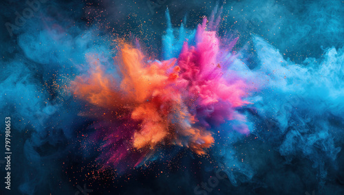 Explosion of colored powder, on black background. Abstract cosmic burst of colorful smoke, exploding in a cloud of energy. Artistic motion of colours in space photo