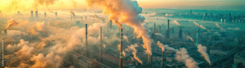 Aerial view of power plant chimneys with smoke at sunset. Industrial emissions and environmental pollution. Climate change and global warming issues due to manufacturing fumes and chemical waste.