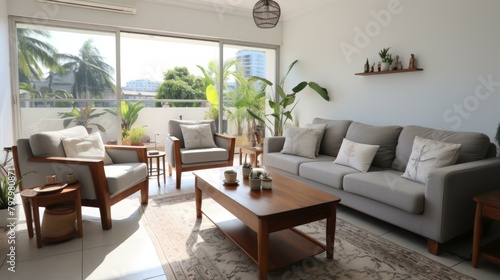 b Bright living room with large windows and plants 