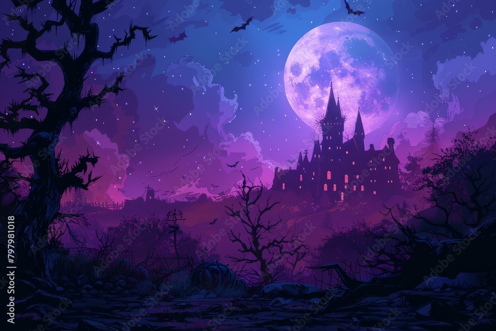 b'Illustration of a haunted castle with a full moon'