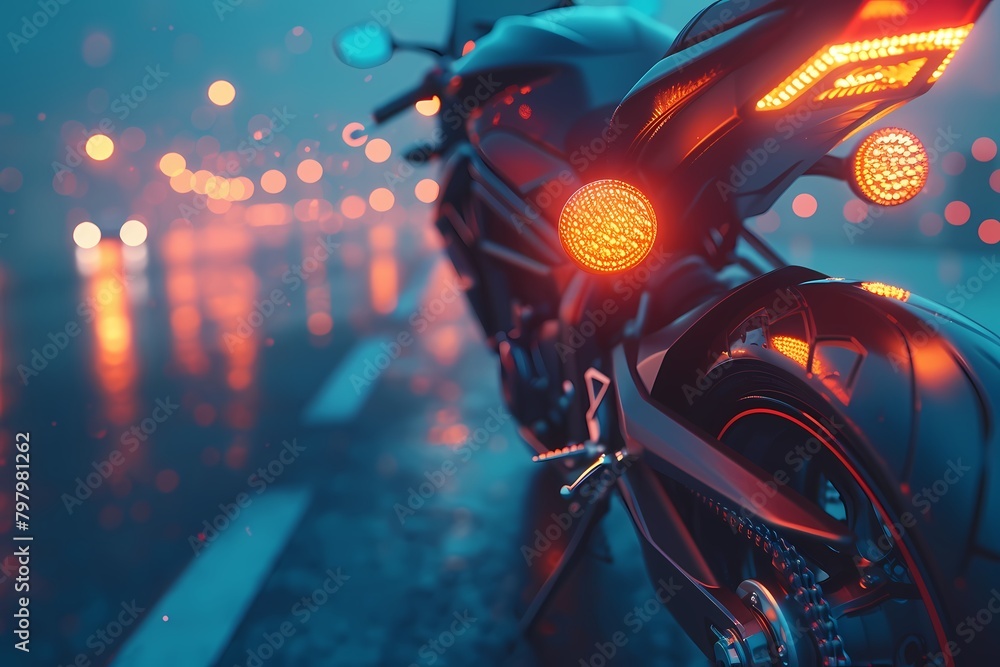A closeup view of a racing sports heavy bike's exhaust pipe, glowing redhot from the intensity