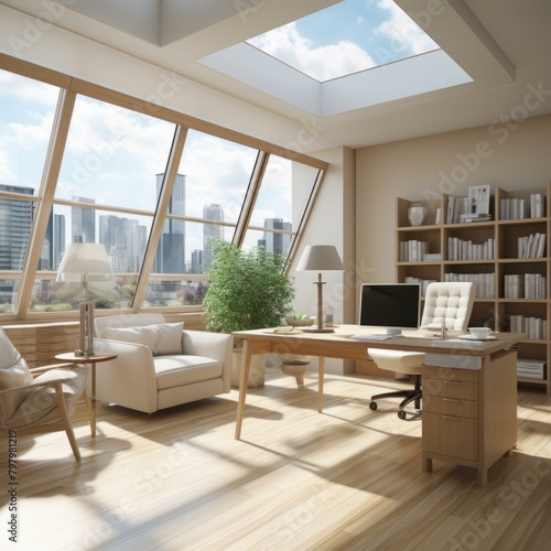 b'A modern home office with a large window and a view of the city' © Adobe Contributor