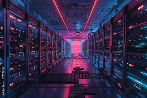 Rows of computer servers in a long hallway. Suitable for technology concepts