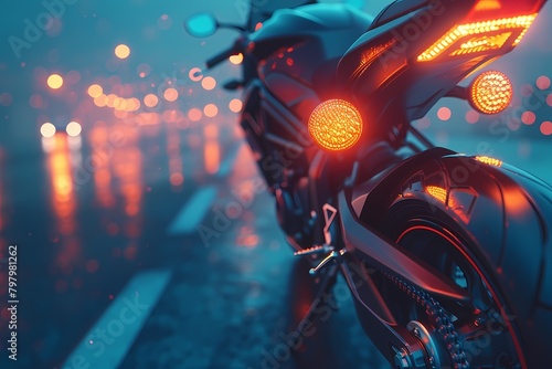 A close-up view of a racing sports heavy bike's exhaust pipe, glowing red-hot from the intensity of its speed, against a backdrop of blurred city lights at night