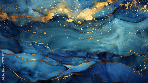 Abstract seascape in alcohol ink, with deep blue ocean meeting gold-streaked sky. Captures the sea's majestic tranquility.