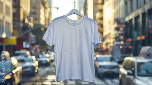 A white t-shirt on a hanger is hanging in the middle of a busy city street with cars and buildings in the background.
