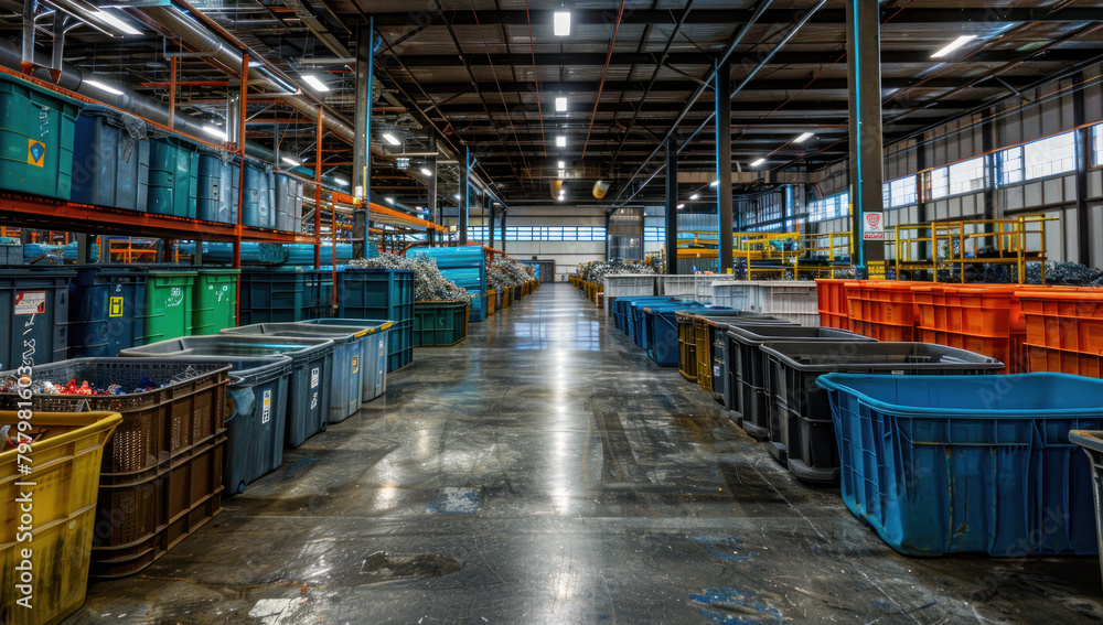 Interior a large industrial warehouse. Modern storage facility with a lot of trash bins and containers, empty space and new equipment.